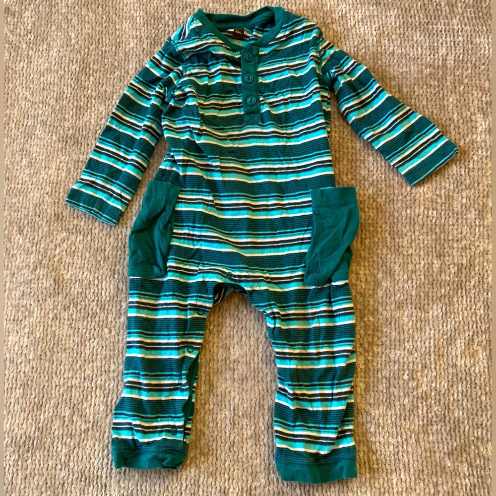 Tea Collection Striped One‎ Piece Romper Coverall 9-12 Months Turquoise